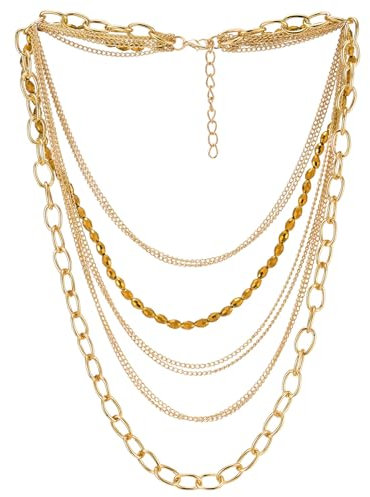 COOLSTEELANDBEYOND Choker Halsketten Statement Halskette Wasserfall Multi-Schichten Goldfarben Kette mit Edelsteine Perlenschnur