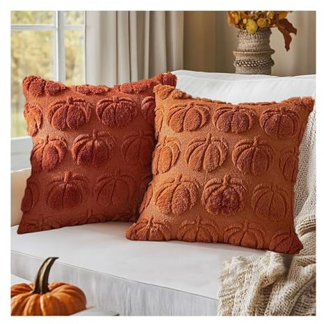 2er Set Herbst Winter Kissenbezüge 45x45 cm Dekorative Kissenbezug Kürbismuster Kunstfellwolle Weicher Plüsch Kissenhülle Sofakissenbezug Stuhl Schlafzimmer Wohnzimmer Heimdekoration(Brown)