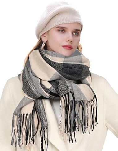 Evolyline Schal Damen Winter Kariert Winterschal Streifen Lange Schals Quastenschal Schals & Tücher Für Damen Quadratisch Schal Winter Karo Tartan Streifen Plaid Muster Oversized Fransen Schal