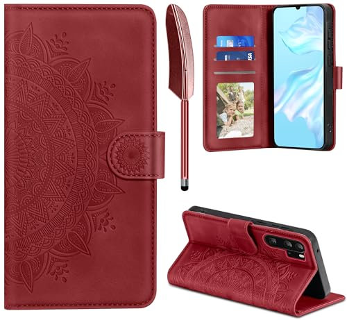 EASDNB Lederhülle für Huawei P30 Pro Hülle, Handyhülle für P30 Pro Flip Wallet PU Leder Case [Kartenfach] [Magnet] [Standfunktion] Prägung Klapphülle Schutzhülle für Huawei P30 Pro, Rot