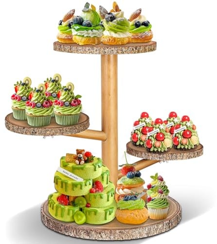 Primo Lines Runder Cupcake-Turm-Ständer mit 4 Etagen, Holz-Kuchenständer mit abgestufter Tablett-Dekoration, Bauernhaus-Dekoration, natürliches und stabiles Cupcake-Display für Geburtstag, Hochzeit,