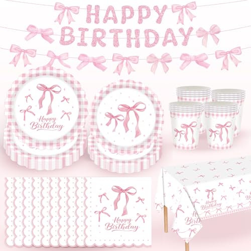 Pink Bow Birthday Party Supplies Kit Bow Party Supplies Set Includes Paper Plates Napkins Cups Banner Tablecloth for Girl Coquette Birthday Party Decorations, Bow Party Decor, Serve 24