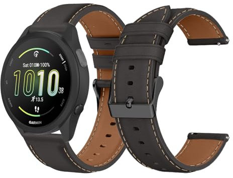 LanQii 20mm Leder Armband für Garmin Approach S50/S44/Vivoactive 6/Vivoactive 5/3 Uhrenarmband, Weiches Leder Ersatzarmband für Garmin Forerunner 570/Forerunner 165/245 Venu Sq 2/Venu 2 Plus, Schwarz