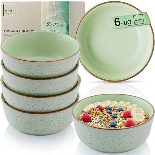 Sänger Rio Minze | Steingut Müslischalen Set 6 teilig, Schüsseln für 6 Personen, Schalen multifunktional, kratz- mikrowellen- spülmaschinenfest, Tiefe Teller mintgrün 600 ml | VALUE COLLECTION