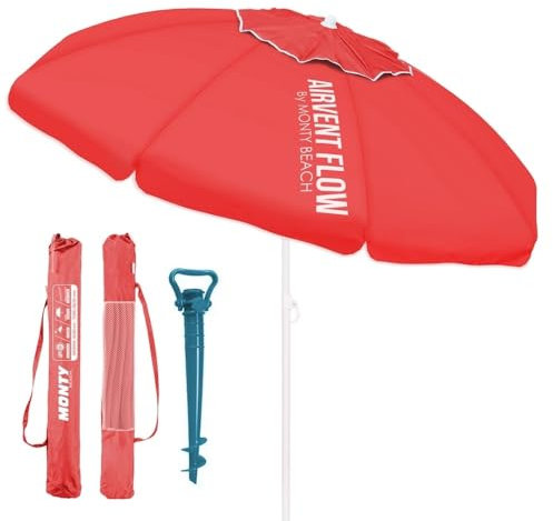 LOLAhome Sombrilla playa 220 cm y soporte arena, protección UV+50, sombrilla antiviento, varillas flexibles fibra vidrio, techo ventilación, mástil inclinable y regulable altura, bolsa transporte