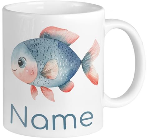 GRAZDesign Taza infantil personalizada con diseño de peces, nombre individual, taza de cerámica, 330 ml