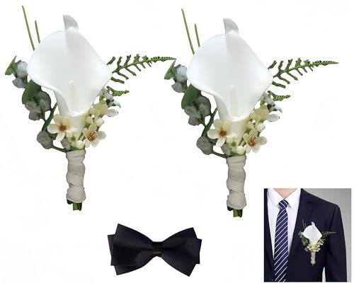 Wuyue Hua 2 x künstliche Ansteckblume für Herren, weiße Calla-Lilie, Knopfloch-Blumen mit Nadel und Clip, künstliche Hochzeitsblumen, Brautschmuck, Brautjungfer, weiße Ansteckblume für Hochzeit, Party