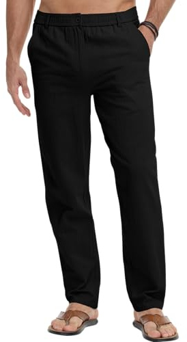 LVCBL Mens Trousers Linen Yoga Pants Summer Black Trousers 2XL