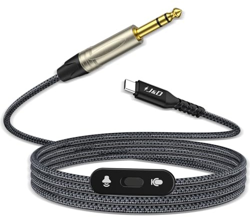 J&D Cable de Audio Estéreo TRS USB C a 6,35 mm, Cable 2 en 1 con Botón de Cambio, Soporta Grabación y Reproducción, Compatible con iPhone 15/16, MacBook, iPad, Negro, 2 Metros
