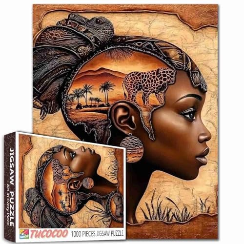 Native America Africa Jigsaw Puzzles 1000 Pieces for Adults,Families(Woman,Tiger,Desert,Savannah)Pieces Fit Together Perfectly 19.7''x27.6''inch Afro Black Girl Performance Frameable Magic Puzzle Art