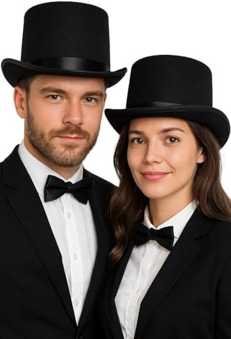 Black Felt Top Hat for Couple – Classic Victorian Style Matching Hats for Men & Women – Fancy Dress Costume Accessory for Parties, Theatre & Themed Events
