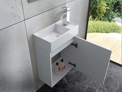 Faizee Home Waschbeckenunterschrank Weiß – Mit Keramik Waschbecken – Kompakter Badschrank Badezimmerschrank für kleine Bäder & Gäste WC – Ohne Spiegel & Armatur