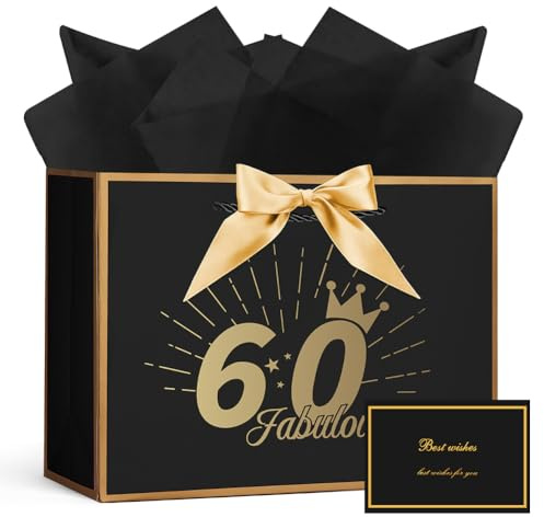 AOOSU Geschenktüte 60 Geburtstag, Papier Geschenktüten mit Schleife+1 Grußkarten+3 Seidenpapier, Schwarz Geschenktaschen Frauen Männer 60th Birthday Gift Bag, Geschenkverpackung für Geschenk Jahrestag
