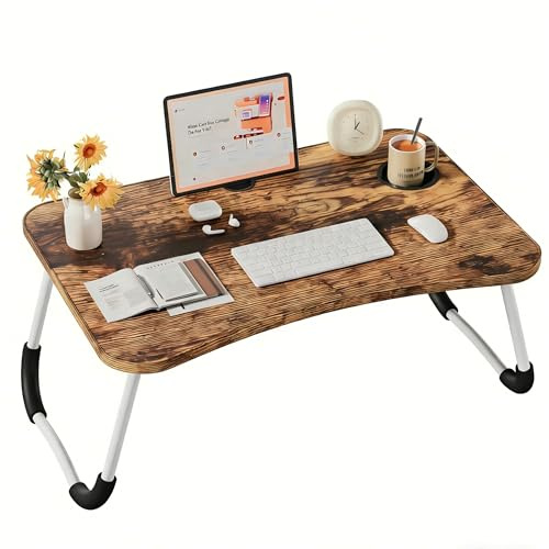 Bandeja para Cama Plegable: Mesa para Cama y Sofá con Portavasos, Mesa Cama Ordenador en Tablero MDF y Metal, 60x40x28 cm, Madera Carbonizada