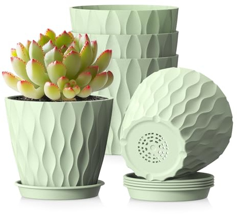 WSMKSZ 10.2 cm Plant Pots Indoor, 5 Pack Thick Plastic Flower Pots with Drainage Holes & Saucers, 3D Modern Wave Texture, Decorative Nursery Pots for Succulents, Herbs & Small House Plants, Green