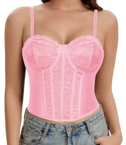 Werkiss Lace Boned Corset Top for Women Going Out Bustier Corset Top with Straps Sexy Overbust Corsets Push Up Crop Tops