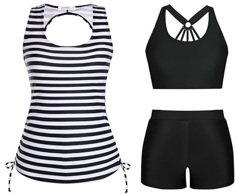 JASAMBAC Women Tankini Swimsuits 3 Piece Floral Print Athletic Bathing Suits Tummy Control Modest Swimwear with Boyshort