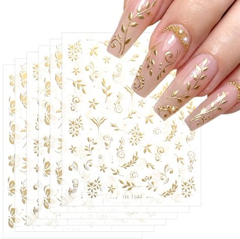 6 Stück Nagelsticker Gold, Nagel Stickers Nail Sticker Gold Goldene Goldene Nagelsticker Nagelkunst-Aufkleber 3D-Metallische Blumenblätter Klebesticker Nagelkunst Design Zubehör für Frauen Mädchen
