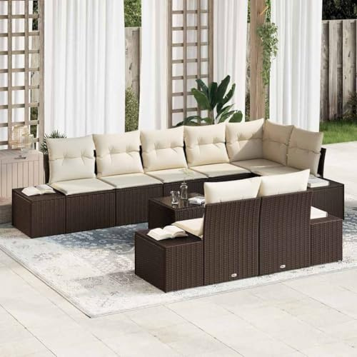 Yunovire Gartensofa-Set, Braun und Creme Poly Rattan, Modular, Wetterfest, mit Wasserdichtem Stauraum für Terrasse und Garten, 8 Sitzplätze