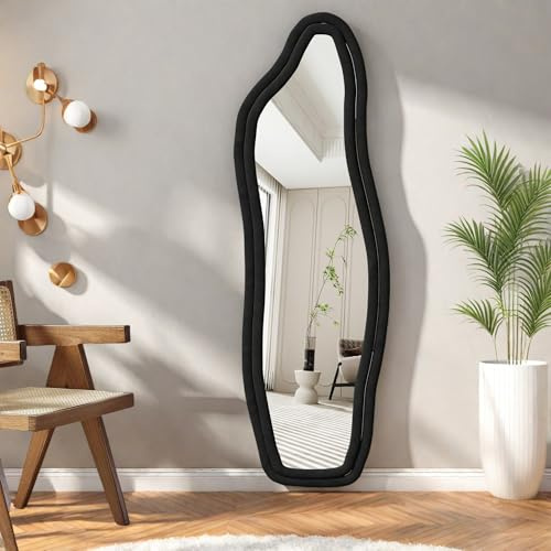 Dormely Grand Miroir Noir 160x50 cm, Miroir sur Pied au Mural ou à Suspendre, Miroirs Organique avec Support en U, Miroirs ondulés Moderne pour Dressing, Salon, Chambre, Couloir