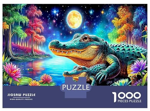 Moonlit Alligators Klassisches Puzzle mit 1000 Teilen Crocodile Night Puzzle anspruchsvolles dekoratives Puzzle für Zuhause Karton 100% recycelte Geschenke Männer & Erwachsene 70 x 50 cm/1000 Stück