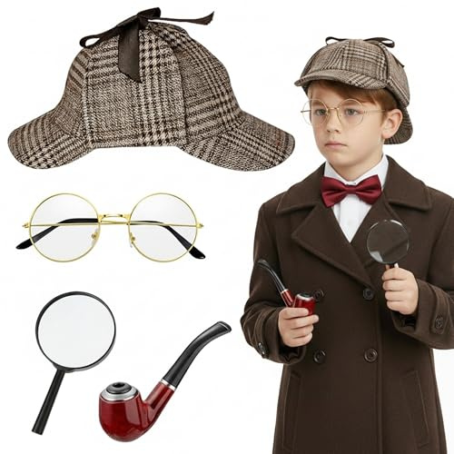 Soireeparty 4Pcs Detective Costume Accessories Set - Victorian Deerstalker Hat with Magnifying Glass and Fake Pipe, Sherlock Style Fancy Dress Kit for World Book Day Party Boys Girls Adults