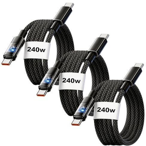 3 Pcs USB C to USB C Cable, 240W Nylon Type C to Type C Charger Cable, Fast Charging Cable Compatible with HP Laptop, Samsung Galaxy S25 S24 Ultra and More - 2M/6.6FT
