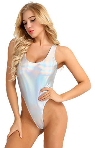 iEFiEL Damen Hydrasuit Wetlook Metallic Badeanzug Bademode Schwimmanzug Sportbody Body Bodysuit Rückenfrei Silber L