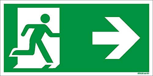 Notausgang Schild ISO 7010 gem. ASR A1.3, in 300x150 mm Folie Nachleuchtend selbstklebend, rechts-Flucht-Rettungswegzeichen