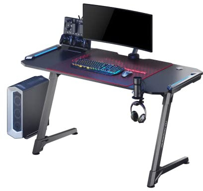 ULTRADESK Space XXL – Computertisch Gaming-Schreibtisch Tisch mit LED-Leuchten – Breiter karbonbeschichteter Tisch für Gamer – Gaming-Station mit Kopfhörerhaken Kabelablage XXL-Mauspad – Rot