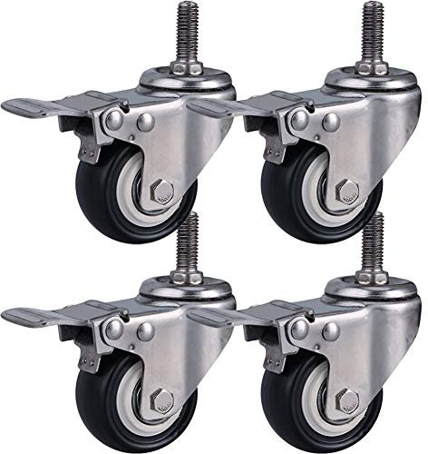 Gewinde M8 / M10 / M12 Lenkrollen für Möbel 1,5/ 2 (50 mm) Edelstahl 304 Halterung Schwerlastrollen 300kg Leise PU mit Bremse kleine Rollen für Tisch Schreibtisch Wagen Kinderbett 4 Stück