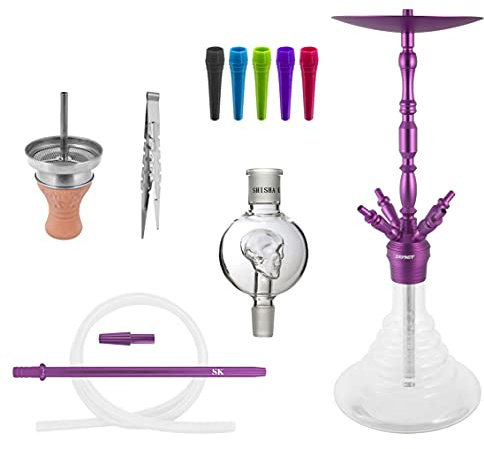 Skynet® Air Shisha Set Hookah 86cm Alu + Zubehör | große Wasserpfeife Komplett Molassefänger Schlauch Tonkopf 100x Hygienemundstück Kaminaufsatz 18/8 Schliff Edelstahl schöne Bowl (Lila)