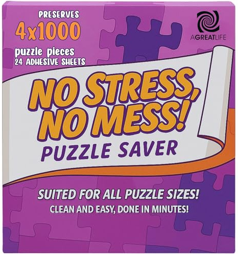 AGREATLIFE 24 Adhesive Puzzle Saver Sheets - Preserve 4 x 1000 Pieces Jigsaw Puzzles - No Stress No Mess - Puzzle Glue Sheets Peel and Stick (24 Sheets with 8 Adhesive Hangers)