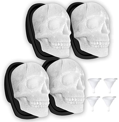 Große 3D-Totenkopf-Eisform aus Silikon, Totenkopf-Eiswürfelformen mit Trichtern für große Mundbecher, langlebig, schwarzer Totenkopf-Eisbereiter Whiskey, Bourbon, Cocktails, Bier, Partys (4 Stück)