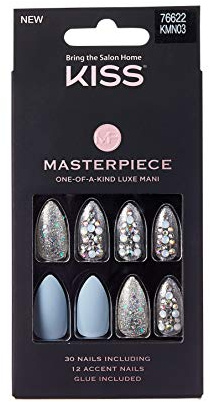 KISS Luxe Mani Masterpiece One-Of-A-Kind False Nails, 30 Pieces, 7 Sets, Stiletto Shape, Gel Material, Pink Color, Decorative Finish, Variety Pack, Full Coverage, KMN03
