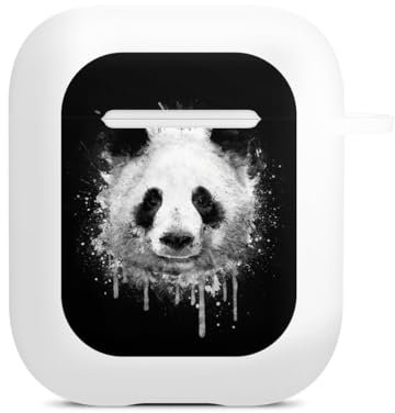 Hülle mit Karabiner kompatibel mit Apple AirPods (1. Generation) Case weiß Schutzhülle mit Schlüsselanhänger Panda schwarz Malerei