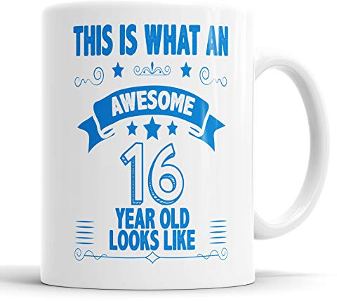 This is What an Awesome 16 Year Old Looks Like Mug 16th Birthday Present Gift for Brother Sister Son Daughter Friend Christmas Cup, Ceramic Mugs (Blue)