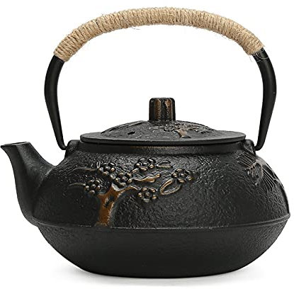 Wonfly Japanese Tetsubin Cast Iron Teapot, Bamboo Pattern Tea Kettle with Stainless Steel Infuser (Wave 0.9L) (Black)