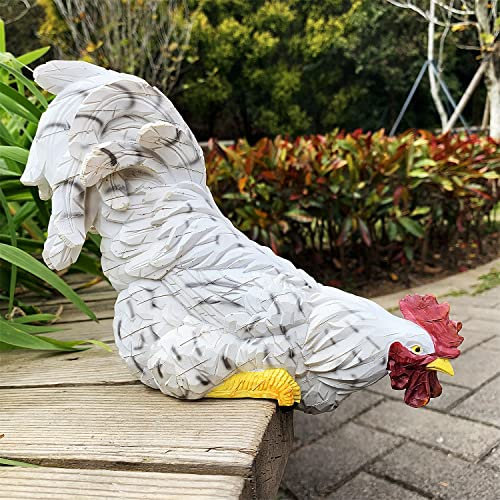 Handsider Statues de Jardin de Coq, Figurines d'art Uniques pour clôture, Maison, pelouse, Cour, décoration de Paysage en résine, Sculpture pour Utilisation intérieure ou extérieure (Blanc)