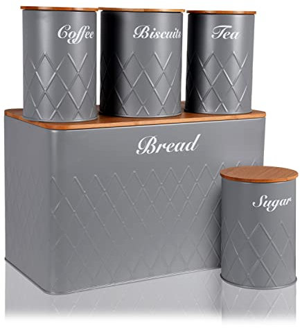 HOCHSTE Kitchen Storage Tins 5pcs Canister Set Bamboo Lid Bread Bin Tea Coffee Sugar Jar Round Grey 20