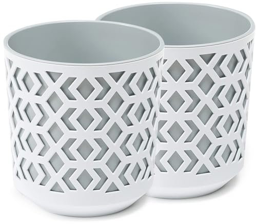 PECZEKO Macetas Mate Macetas Decorativas Hierbas Macetas Redondas de plástico duraderas y Ligeras para salón, Comedor, Cocina, terraza, balcón Juego de 2 Piezas (Blanco/Gris, diámetro 14 cm)