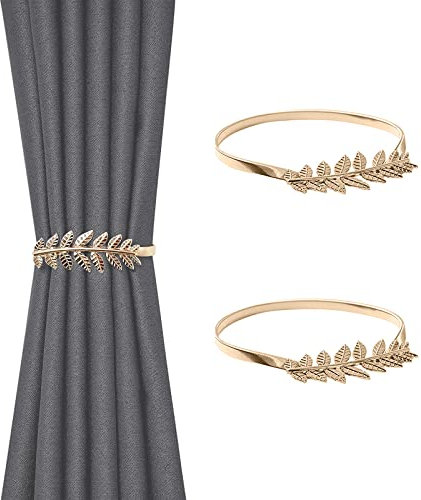 2 Pack Curtain Tie Backs, Gold Leaves Curtain Tiebacks Adjustable Curtain Holdbacks Modern Simple Style Drape Tie Backs, Metal Curtain Buckle Clips for Home Hotel Office Window Drapery Decoration