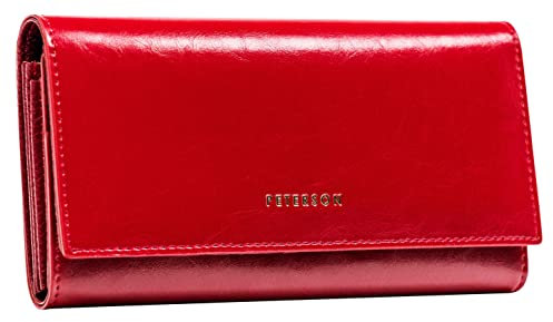 Peterson | Damenbrieftasche | Horizontal | Hochwertig | Handpoliert | Elegant | Zeitlose Farbe | Goldenes Logo | RFID-System | Funktionelle Innenausstattung | Verpackt (ROT)