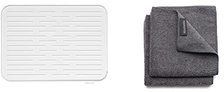 Brabantia Alfombrilla Escurreplatos de Silicona, Gris Claro, 43.8 x 32.5 x 0.9 cm & Paños de Cocina de Microfibra, Gris Oscuro, Set de 2