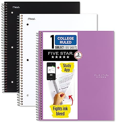 Five Star 820188-ECM Spiralnotizbücher + Lern-App, 1 Fächer, liniertes College-Papier, 100 Blatt, 27,9 x 21,6 cm, Schwarz, Weiß, Amethystviolett