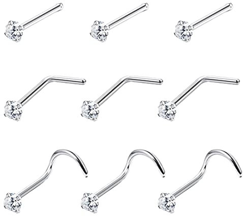 9 Stück Nasenstecker Nasenringe Chirurgenstahl Nasenpiercing Ohrstecker Nasenring Chirurgenstahl Nostril mit Zirconia Nase Nostril Piercing Stecker L/I/J Form Silber