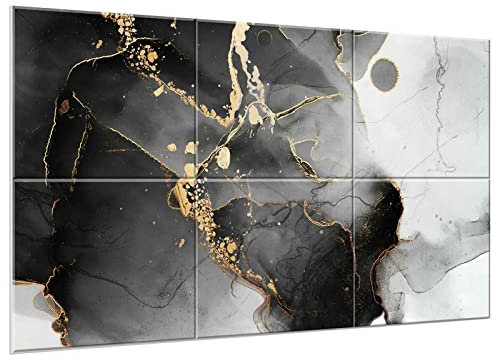 Lot de 6 grands panneaux acoustiques autocollants pour décoration murale, panneaux insonorisants pour studio d'enregistrement, salon, bureau, 120 x 68 cm (marbre noir dégradé doré)