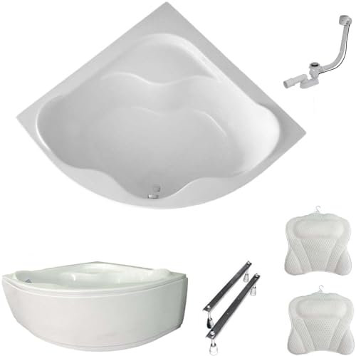 ECOLAM Baignoire d'angle symétrique SELMA 150 x 150 cm + tablier en acrylique | oreiller Mare | pieds siphon | set complet