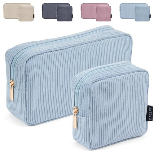 MAGEFY Makeup Tasche klein für Frauen Mädchen, 2 Pcs Reise Kosmetiktasche mit Fächern Cord Kosmetiktasche mit Reißverschluss (Blau)