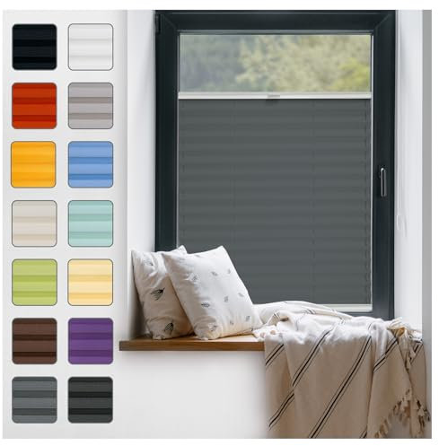 Fenster Plissee ohne Bohren zum Kleben Innenrahmen - Thermo Plisseerollo Innen - Rollo Jalousie, Halterungen auf Rahmen, Faltrollo, Sichtschutz, Blickdicht, für Fenster & Tür - Grafit, 25 x 90 cm